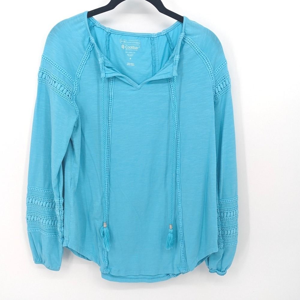 Coolibar Top Women Small Blue Sarti UPF 50+ Organic Bamboo Tassels Crochet Shirt
